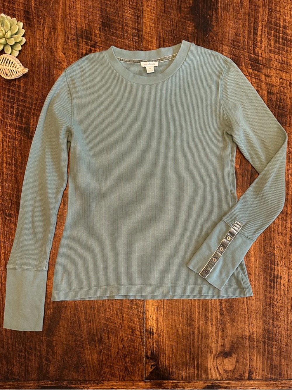 Sundance  | Thermal Crewneck Top, Velvet Embellished Cuffs, Sage Green, Sz M